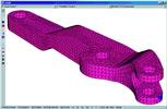 This model of a lever was saved as a SAT file in SolidWorks and imported into Strand7. The surface mesher generated 2468 quadrilateral plate elements. This mesh was fed into the tet mesher which used the quadilaterals to generate 16166 tetrahedral elements